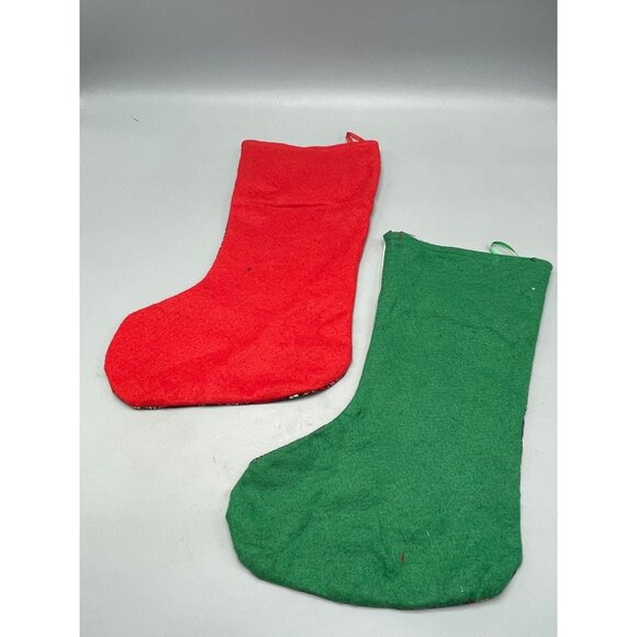 Christmas holiday stocking set 2 red green snowflakes hooks plaid soft felt READ - Picture 6 of 8